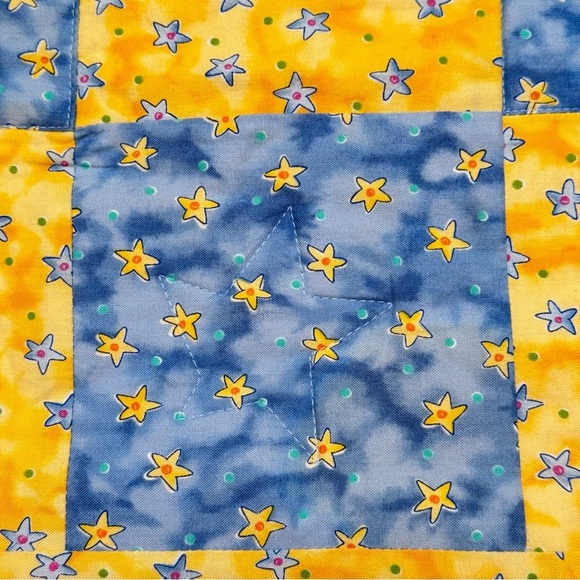 Handcrafted Patchwork Baby Quilt Star Pattern Two Sided Yellow & Blue Unisex - Picture 14 of 15